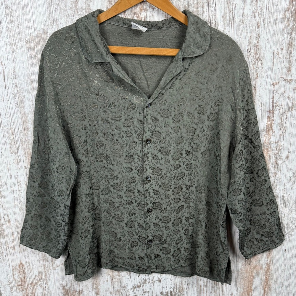 CP Shades Sausalito Womens Medium Olive Green Floral Jacquard Rayon Button Shirt